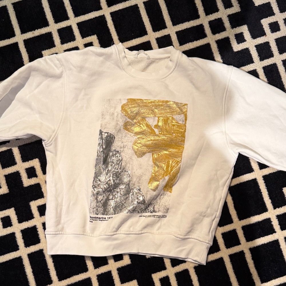 Zara White Sweatshirt with Metallic Gold Graphic